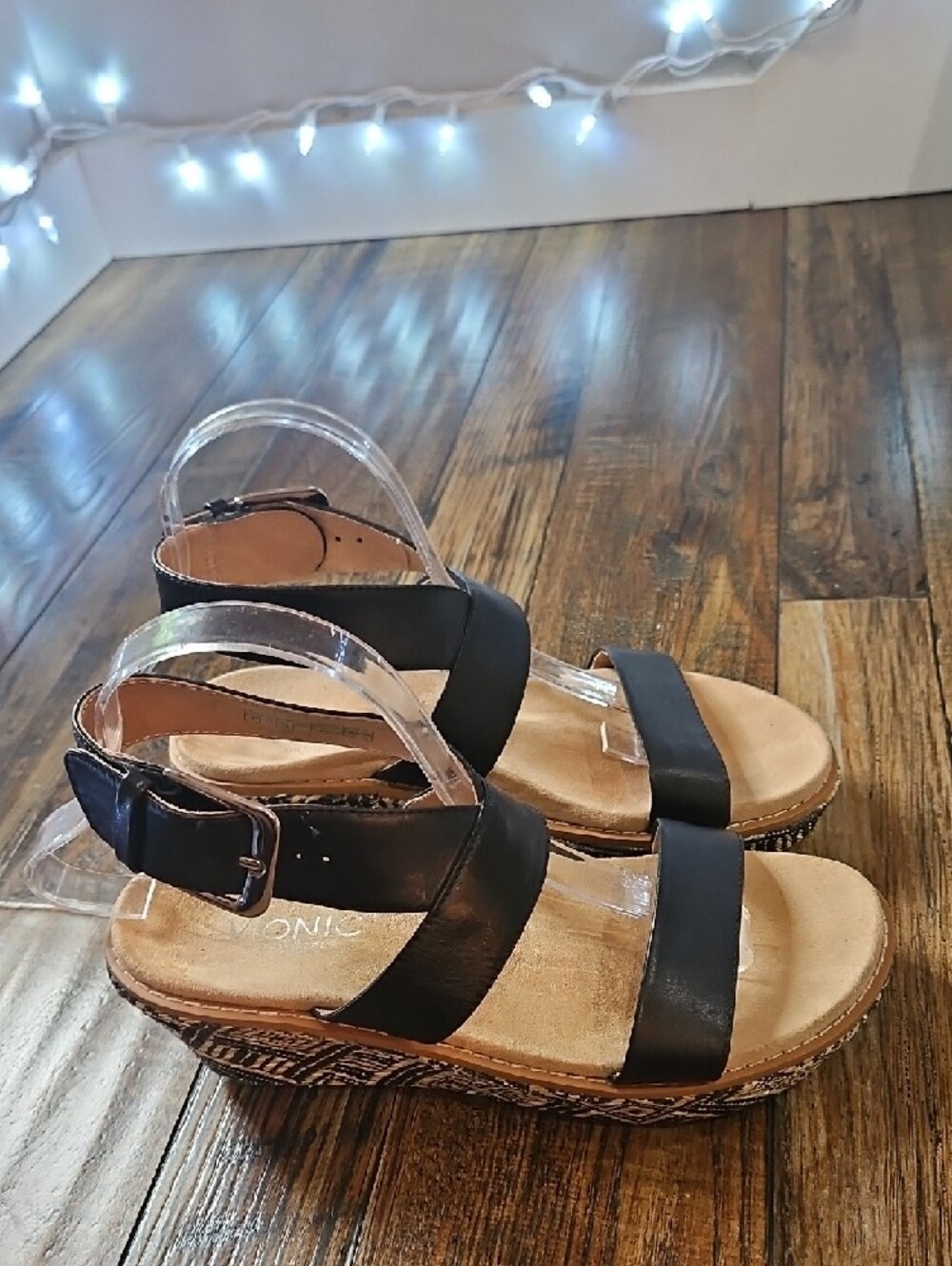 Vionic Black Strappy Wedge Sandals with Patterned Espadrille Heel - Picture 7 of 13